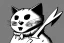 Placeholder: Cat diabolical smiling with a bloody knife with blood. Comic style