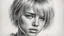 Placeholder: Black and white pencil sketch of 1990s blonde short hairstyle, tears, crying, 9th floor, photorealism, 3d, 64k, high resolution, hyperrealism, f/16, 1/300s.