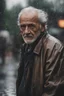 Placeholder: Ultra realistic A photograph of an old man walking in the rain making eye contact with the viewer in a mid-shot view, futuristic style, HOF, captured with professional DSLR camera,64k, ultra detailed,