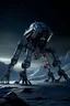 Placeholder: I want an image of a eight legged mechanical walker mech scaling the side of mout everest at night, it has a smooth surface, it has storage pods on its belly human can fit in the pods