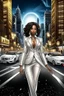 Placeholder: Create a digital airbrush cartoon of a curvy African American female wearing a white business suit with white heels. Prominent make up with hazel eyes. Highly detailed very long extremely curly black hair. She is wearing silver and diamond Jewely that shines of the lights. Her skin is smooth and silky. Background of a busy city street