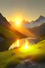 Placeholder: Water, air, little light fire on earth, Real swiss mountain landscape, Joy happiness, hyper real, sunrise, star