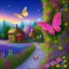 Placeholder: fairies, elves and butterflies, blue, purple, pink and gold landscape background