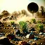 Placeholder: A striking quality Kodak photograph captures a wasteland with groups of plants, creepy, details of the dust very accentuated, glossy organic mass, adorned with minerals and rocks, eerie, black sun, fog, colors