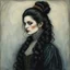 Placeholder: create a 3/4 profile, full body oil pastel of a dark haired, savage, ornately dressed, gothpunk vampire girl with highly detailed , sharply defined hair and facial features , in a foggy 19th century Moscow, in the style of JEAN-FRANCOIS MILLET and MARY CASSATT