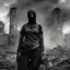 Placeholder: women, faces covered in black masks, ragged clothes, holding flag, war-torn, destroyed city in the background, 8k resolution, hyperrealistic, detailed matte painting, b&w, dynamic lighting, war, anarchy, terrorists