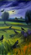Placeholder: A dark grayish purple haunted field with crows and a scarecrow painted by Paul Cezanne