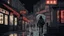 Placeholder: Werewolf with a Chinese menu in his hand, walking through the streets of Soho in the rain. There is a neon sign in the background on a restaurant that says "Lee Ho Fuk's".Illustration.