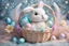 Placeholder: cute chibi plushy fluffy knitted and embroidered natural colored easter bunny in basket, feathers, easter eggs, iridescent flowers incorporated, light emitting, cracked bioluminescent holographic marble background, silver foil, sparkling diamonds, holographic raw pearls, ethereal, cinematic postprocessing