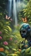 Placeholder: portrait of masked ninja butterfly psychedelic interdimensional robot in the garden, waterfall and elves ,lotsa wild weed, in spotlight, magazine cover illustration with spray paint, signed, bokeh like, down-light, unreal engine, prize winning