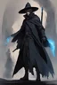 Placeholder: The commander wears a black cloak and a long coat with long combat boots and a long spear with a hat under his cloak with blue flame eyes, a sword like a spear