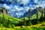 Placeholder: Rocky Mountain National Park landscape scene in the style of Claude Monet Modifiers: Landscape Claude Monet Panoramic View Impressionism School French Impressionists