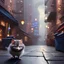 Placeholder: pixar style, volumetric New York City alley with steel garbage can environment and background, realistic painting of a cute Munchkin black kitten on the ground, looking excited, detailed digital painting, extreme dense and fine fur, anime, ornate, colour-washed colors, elegant, small minutiae, particulars, centered, smooth, sharp focus, renderman gofur render, 8k, uhd, detailed eyes, realistic shaded volumetric lighting