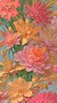 Placeholder: Beautiful vibrant vintage maximalist wallpaper, mid century pastel floral, busy wallpaper, hundreds of huge blooms of flowers. Intricate details, oil painting style. Gold accents, visible brushstrokes. Zoomed out, extremely detailed.