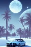 Placeholder: 1980's aesthetic vaporwave palm trees with lighting with moon with bmw in the winter snow