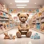 Placeholder: 3d imge of teddy sit on table inside th middle of baby shop or baby store