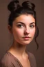 Placeholder: Beautiful young woman in her early twenties with dark hair worn up in a bun, brown eyes, and soft features