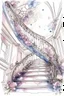 Placeholder: Watercolor sketch on a white background. Ink. Spiral staircase in the hall leading to the sky, pink and white hydrangeas, portraits, rococo interior, chandeliers, filigree, work of art, rich structures, elegance of lines, sparks, drapery, patterns, lavender accents, juicy, bright, sunny, hyperrealistic, top view, retro, monograms, diamond dust, ultradetalization, dots, RAW, ISO 100