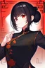 Placeholder: A fine illustration of a female martial artist , 1girl, solo, smile, chinese clothes, black hair, short hair, red eyes, hair bun, hair bun, hair ornament, kagura \(gintama\), sharp focus , black clothes , young , beautiful , best quality, high quality, highres, absurdres, solo focus, upper body, avatar \(series\), fighting stance , sunlight, cold, pose, highly detailed , outdoors, russian plaza , fighting stance,