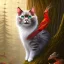 Placeholder: close up on almost invisible cat in a tree in magical forest,another red bird in the background, fantasy book cover art