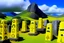 Placeholder: A yellow mountain with runestones designed in Moai statues painted by Victor Vasarely