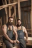 Placeholder: half figure shot photography of TWO ugly 34 year old stocky big chubby robust burly marocan carpenters close embraced, dirty,, wearing bulging overalls, shirtless, manly chest, serious, very virile, long beard, curly hair,, , in a sunny construction work area, photorealistic , photorealistic