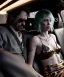 Placeholder: Ultra realistic back seat of limousine image, wide angle view, homeless men and woman, grunge dress style, old clothing, hair, many jelly beans, balls, smoke, smile, happy, extreme, soft color, highly detailed, unreal engine 5, ray tracing, RTX, lumen lighting, ultra detail, volumetric lighting, 3d, finely drawn, high definition, high resolution.