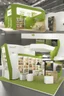 Placeholder: Corner green exhibition stand of a food company with product displays and a meeting area