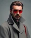 Placeholder: a young man who looks like hans gruber wearing a heavy coat and red sunglasses staring with an irritated look on his face