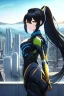 Placeholder: girl, masterpiece, best quality, cinematic lighting, detailed outfit, vibrant colors, perfect eyes, long hair, black hair, golden eyes, ponytail, hair between eyes, outdoors, depth of field, ray tracing, mech outfit, city, landscape,