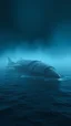 Placeholder: alien spaceship crashed in the ocean in a dark blue fog shattered to many parts half of the spaceship is in the water and the other is on the surface