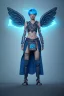 Placeholder: a person in runic armor with blue wings, blue short hair, runic tattoo and spell book