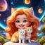 Placeholder: (masterpiece, best quality, 8k, RAW photo, beautiful and aesthetic:1.2), complex detail, Indirect light, photorealistic, (((full body))), Cosmic Boss Baby style smiling, long curved clear hair , with a ginger cat companion, colorfull Sci-Fi environment