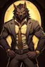 Placeholder: Buff, anthro, wolf, himbo, black fur, gold eyes, wearing a suit, full-body, muscles, strong, muscular, man boobs, bulky, tail, dark fur, smug grin, hands on hips, furry-himbo, broad shoulders, wide hips, big chest, big muscles,