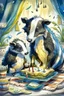 Placeholder: (fairy tale badger adult and little badger junior, animal by Monge)) an insanely beautiful smiling badger, extremely fine detailed fluffy fur, shining smiling eyes very well shabby chick dressed is baking a birthday cake with many light candles together with the smiling little badger, fine detailed fluffy fur, shining eyes shabby chick dressed in his kitchen with many pots: Background kitchen as in a cave, anatomically correct, flawless, full body shot, complete figure, by Monge, by Potter, by D