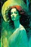 Placeholder: create a wildly conceptual closeup full body print illustration of a female Oracle with finely detailed hair and feminine facial features, in an ethereal, otherworldly ,ancient Spring forest , in the comic book art style of Bill Sienkiewicz, Mike Mignola, and Jean Giraud Moebius, finely textured, drawn, colored, and inked, suffused with dramatic natural light and shadow of sunset