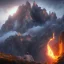 Placeholder: Dragon on mountainside, DSLR, smoke, ruin, humans at base of mountain, gold coins, fire in sky, dynamic lighting, panorama, wide-angled lense