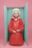 Placeholder: Illustration of Marie-Antoinette as toddler,,in a photo booth, 1970s, red plastic raincoat style of Marcel Marlier, pastel colors
