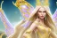 Placeholder: beautiful, very soft, smiling, very straight and long blonde hair, dewy and shiny vibe, diamond crown, long fairy wings in the back, full head, golden veil clothes, smiling, bachground light pink and blue