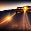 Placeholder: muscle car, married couple driving, desert road, sunset, full colour,