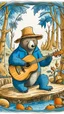 Placeholder: hand drawed paddington bear sitting in forest and playing ukulele