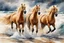 Placeholder: Stunning watercolor style portrait of three powerful palomino horses, galloping strong on the seashore. The waves crash behind them, the sky is filled with stormy clouds. Their manes and tails flutter in the wind and their muscles become defined as they exert their strength. Dynamic, energetic atmosphere, capturing the essence of freedom and power