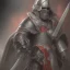 Placeholder: Knight guard far away. Shiny bright papper scroll. Weapon. Sharp. Damascus steel. Black. Technical details. Red. Doom dark. Meteorite. Fire.