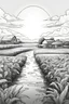 Placeholder: portrait of a farm with water and sun in the sky only use clear line art white background no shadows only use outline full image sketch style