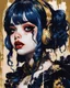 Placeholder: Poster in two gradually, a one side malevolent goth vampire girl face and other side the Singer Melanie Martinez face, painting by Yoji Shinkawa, darkblue and gold tones,