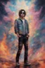 Placeholder: medium long shot, wide angle, full body portrait, head to toe, Benji Tulips - Kiss Me Deadly - Reptilian-skinned - Ray-Ban sunglasses - Motley Crue - gothic pale-skinned vampire, Painting with fire and multicolored electrified cosmic clouds, by Hoy Tong Lu - Multicolored lightning -a smiling, 18-year-old Count Jackula, long, black hair, blue eyes, goth makeup, black leather biker's jacket, black leather pants, combat boots, black fingerless gloves, sitting on in the forest next to a fire,