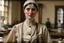 Placeholder: ww1 woman cook talking close-up standing up looking to the camera, ww1 mansion kitchen background