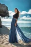 Placeholder: young lady wearing beautiful maxi blue skirt and elegant long shirt standing in beach posing to camera ,upper body shot,ships in sea ,blue sky nice clouds in background