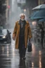 Placeholder: Ultra realistic A photograph of an old man walking in the rain making eye contact with the viewer in a mid-shot view, futuristic style, HOF, captured with professional DSLR camera,64k, ultra detailed,