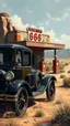 Placeholder: A 1920 ford black car with broken glass and doors in front of abandoned damaged cracked gas station with old gas pumps , on highway 66 on the desert , in a forgotten battlefield over run by vegetation, cutesy tiktok detailed oil painting, grainy, old style